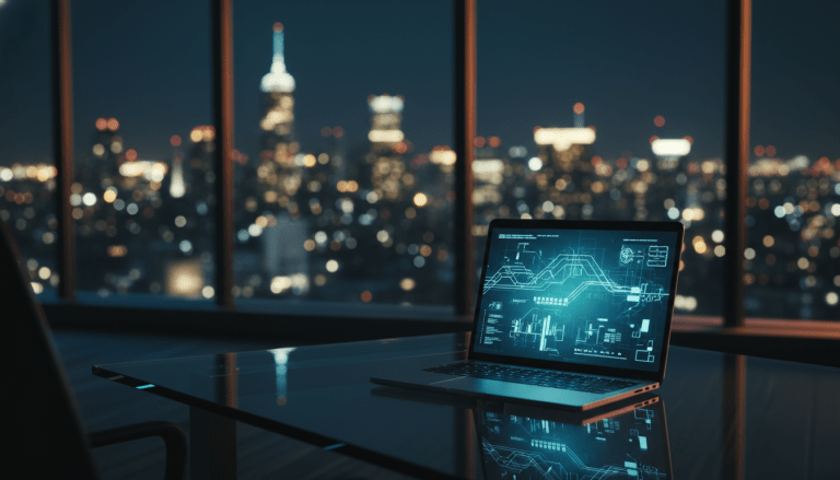 Concepto visual de espionaje industrial moderno mostrando flujos de datos digitales y ciberseguridad en una oficina corporativa.