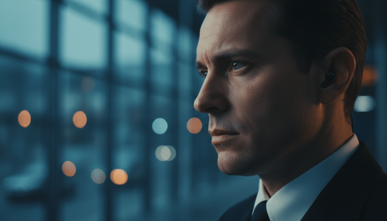 Especialista en seguridad realizando análisis conductual y observación crítica de lenguaje corporal en un entorno moderno.