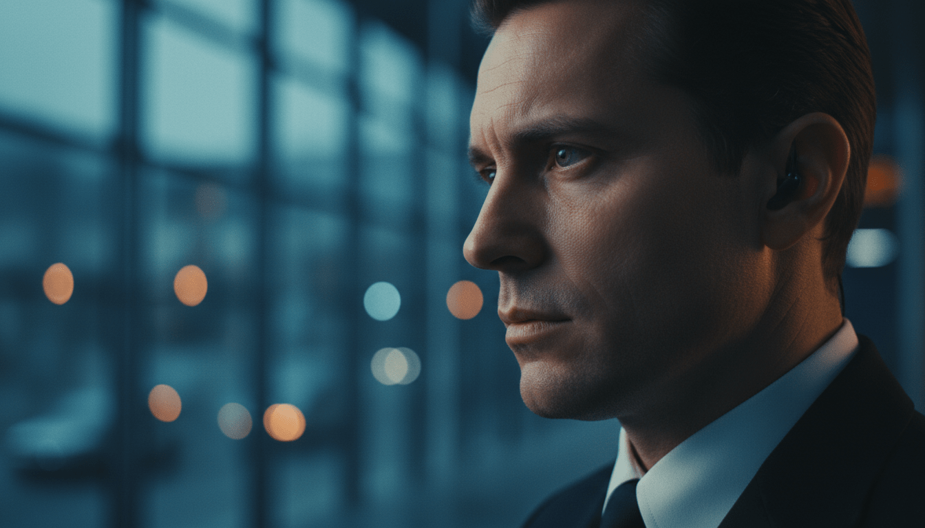 Especialista en seguridad realizando análisis conductual y observación crítica de lenguaje corporal en un entorno moderno.
