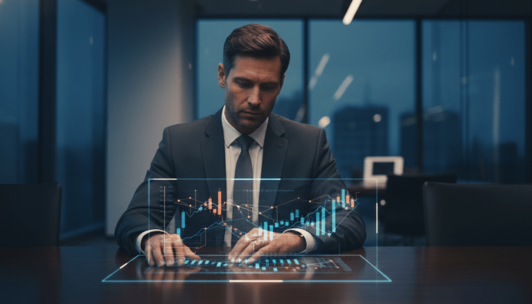 Ejecutivo de negocios analizando un informe de riesgos complejo en una oficina moderna