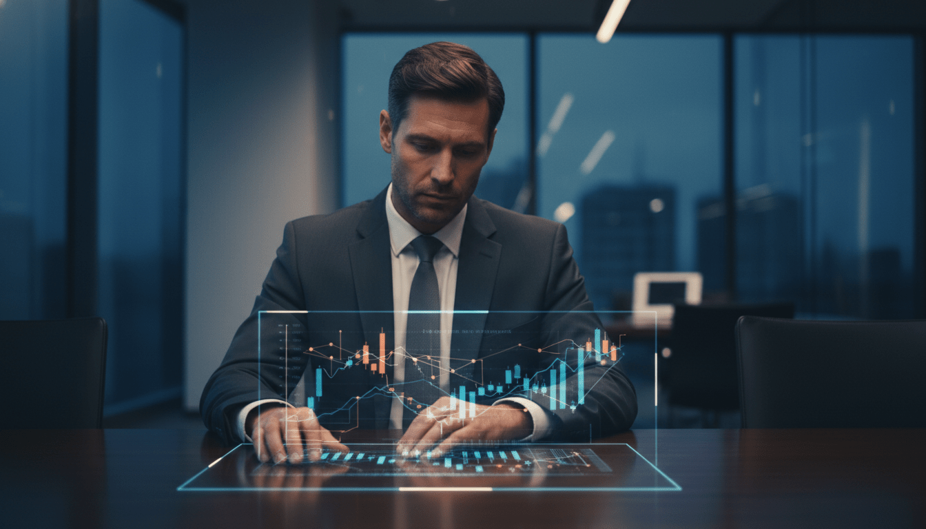 Ejecutivo de negocios analizando un informe de riesgos complejo en una oficina moderna