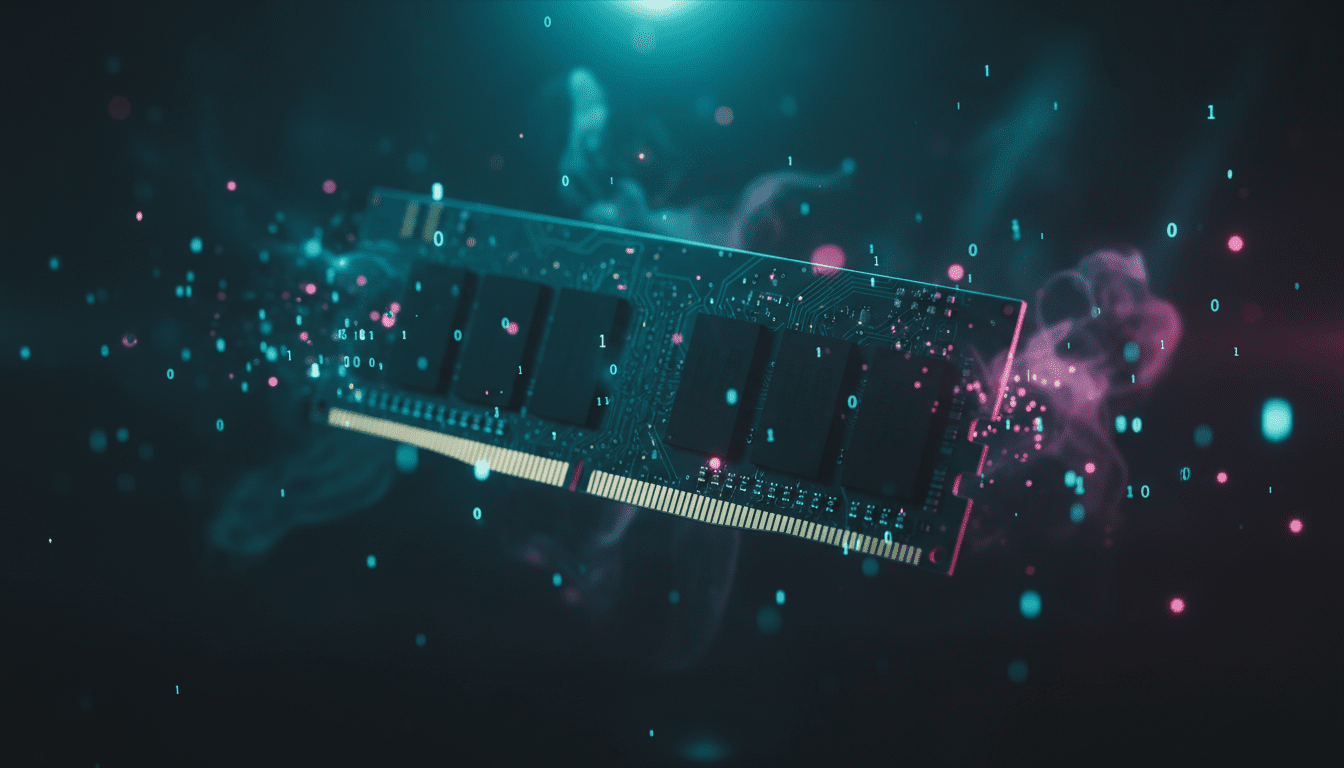Análisis forense digital mostrando un módulo de memoria RAM con estelas de datos digitales, representando la investigación de ciberseguridad.
