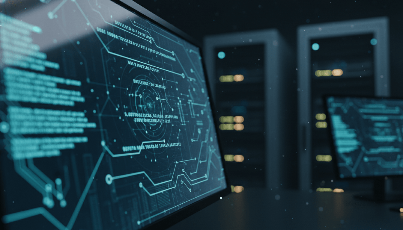 Centro de operaciones de ciberseguridad mostrando monitor con codigo binario y nodos de red en entorno profesional de alta tecnologia.