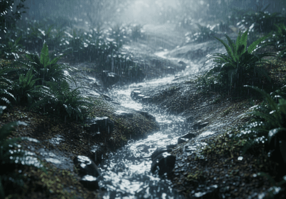 Análisis de hidrología y flujo de agua de lluvia en un terreno residencial para gestión de riesgos de inundaciones.