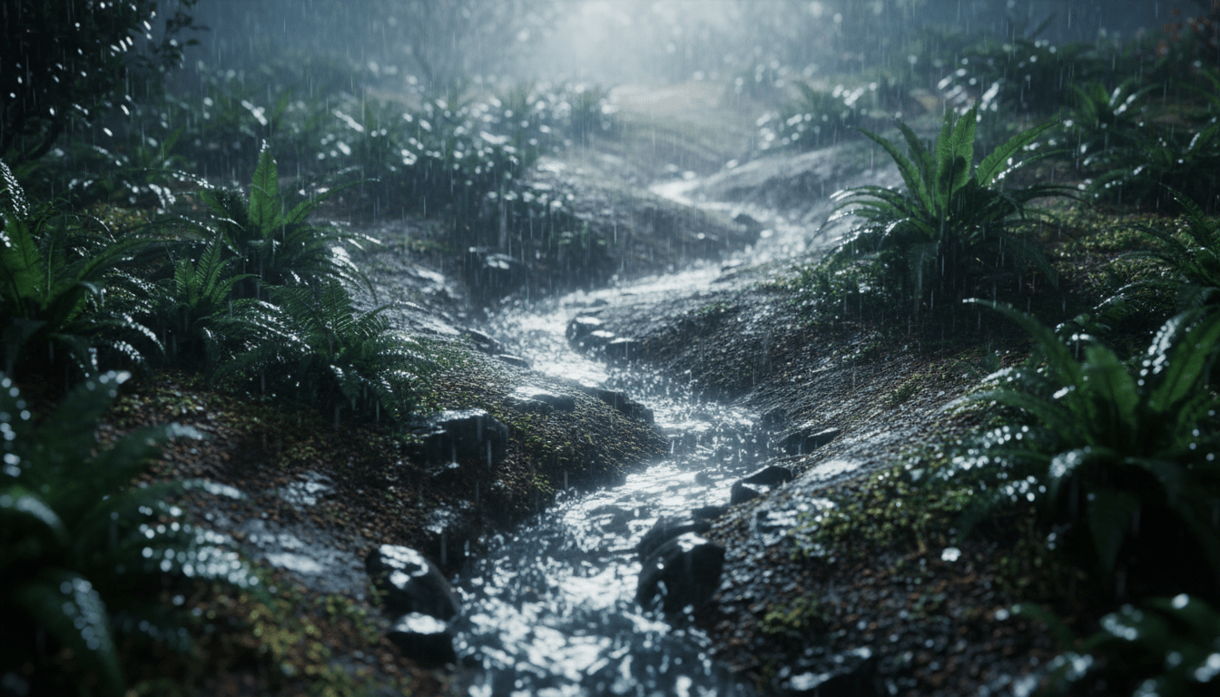 Análisis de hidrología y flujo de agua de lluvia en un terreno residencial para gestión de riesgos de inundaciones.