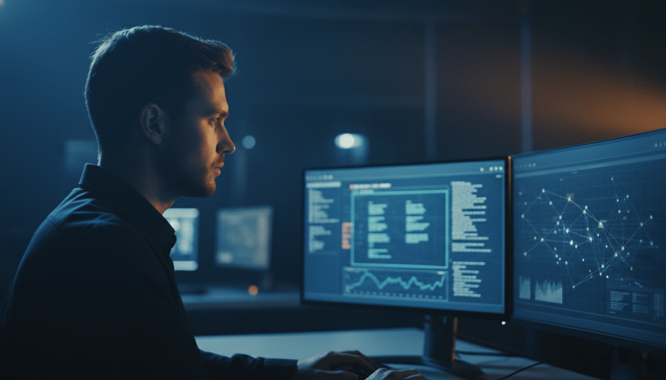 Analista de ciberseguridad trabajando en un centro de operaciones SOC ante múltiples monitores