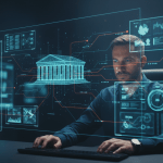 Especialista en inteligencia de amenazas analizando datos digitales en una sala de operaciones de ciberseguridad.