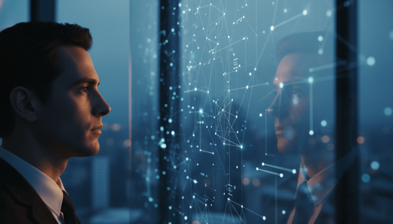 Analista de inteligencia y detective privado visualizando conexiones de datos y riesgos en una oficina tecnológica de seguridad.