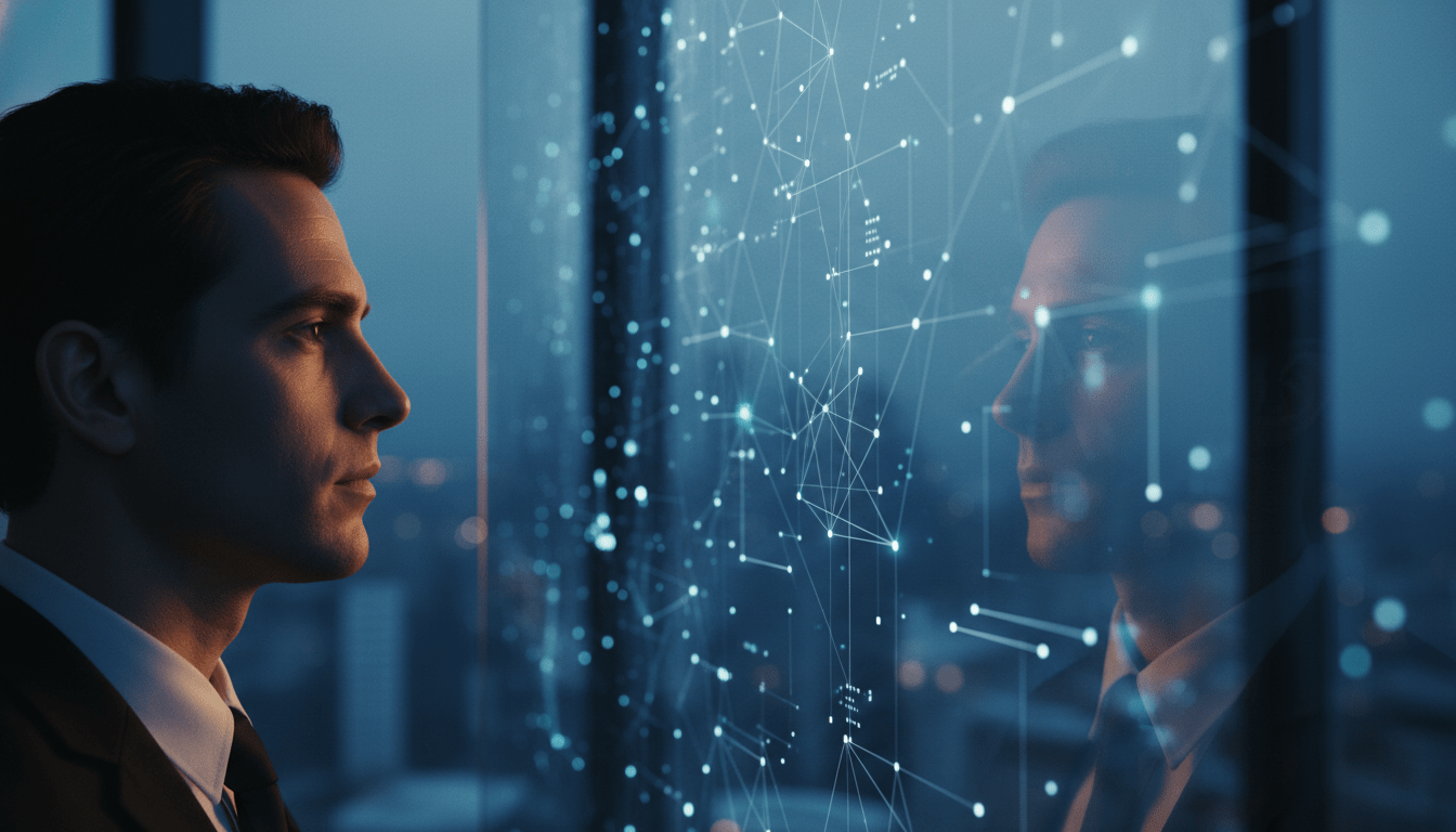 Analista de inteligencia y detective privado visualizando conexiones de datos y riesgos en una oficina tecnológica de seguridad.