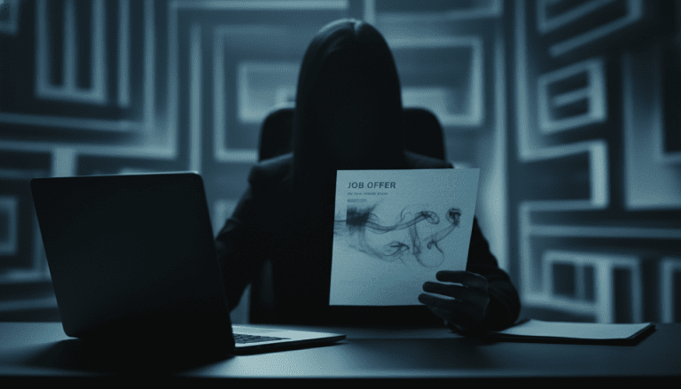 Persona frente a un ordenador en una oficina oscura lidiando con una estafa de empleo