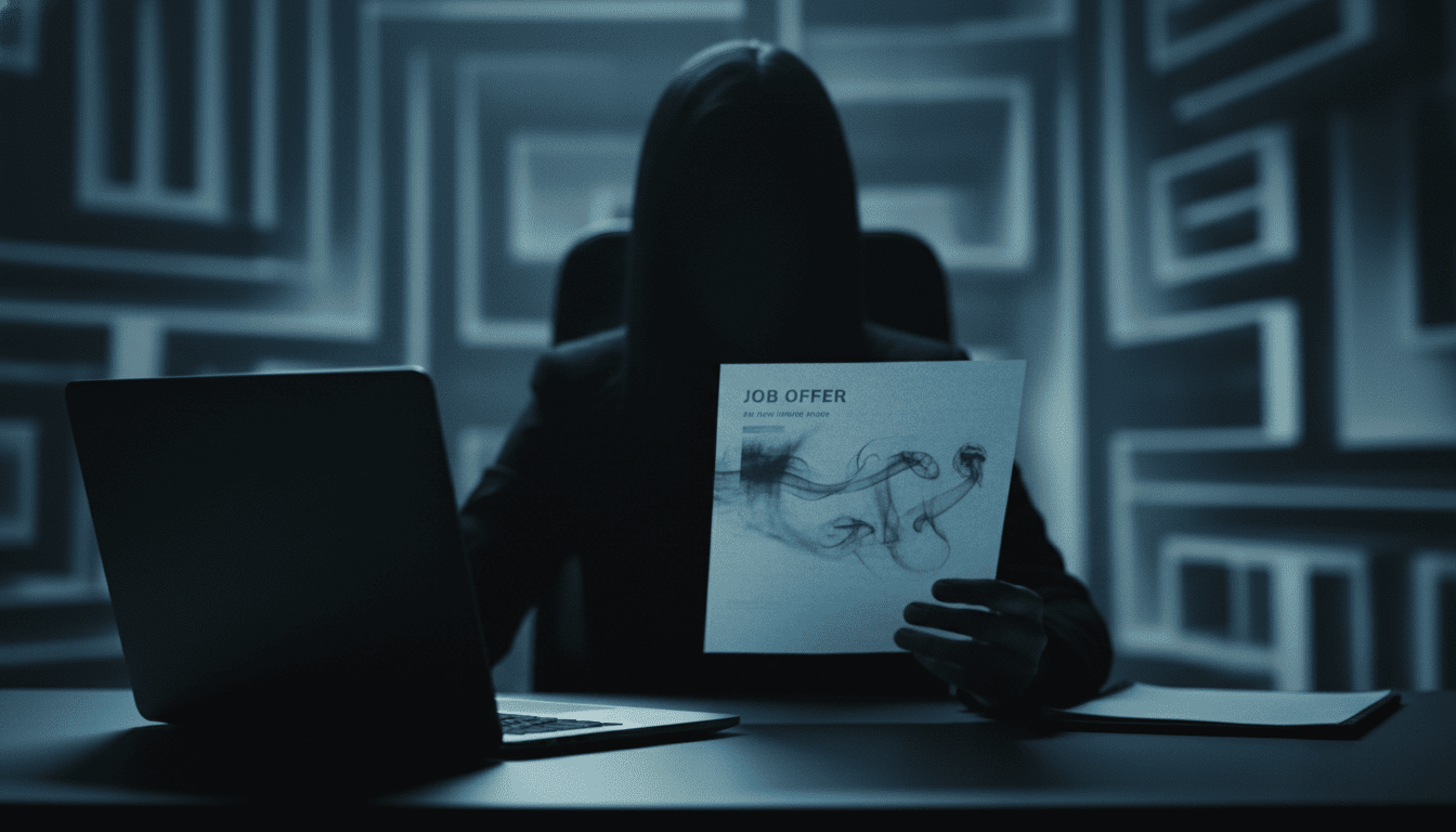 Persona frente a un ordenador en una oficina oscura lidiando con una estafa de empleo