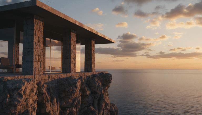 Estructura arquitectónica sólida frente al mar representando la protección del patrimonio familiar y la estabilidad financiera