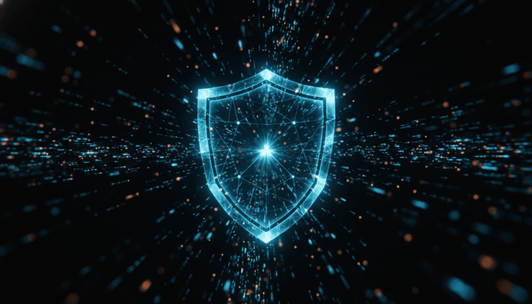 Representacion abstracta de ciberseguridad y cifrado de datos DNS sobre fondo oscuro con luces de red de fibra optica.