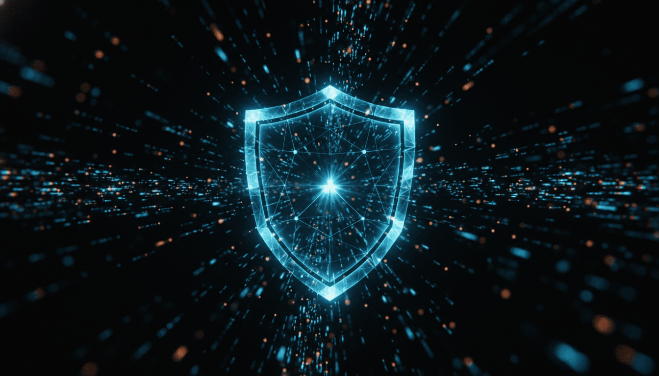 Representacion abstracta de ciberseguridad y cifrado de datos DNS sobre fondo oscuro con luces de red de fibra optica.