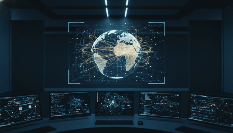 Centro de control de tráfico aéreo digital con visualización holográfica de rutas de vuelo y datos de seguridad.