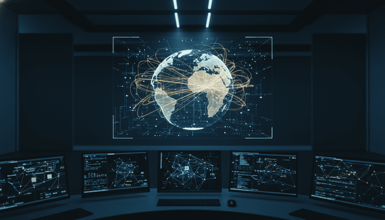 Centro de control de tráfico aéreo digital con visualización holográfica de rutas de vuelo y datos de seguridad.