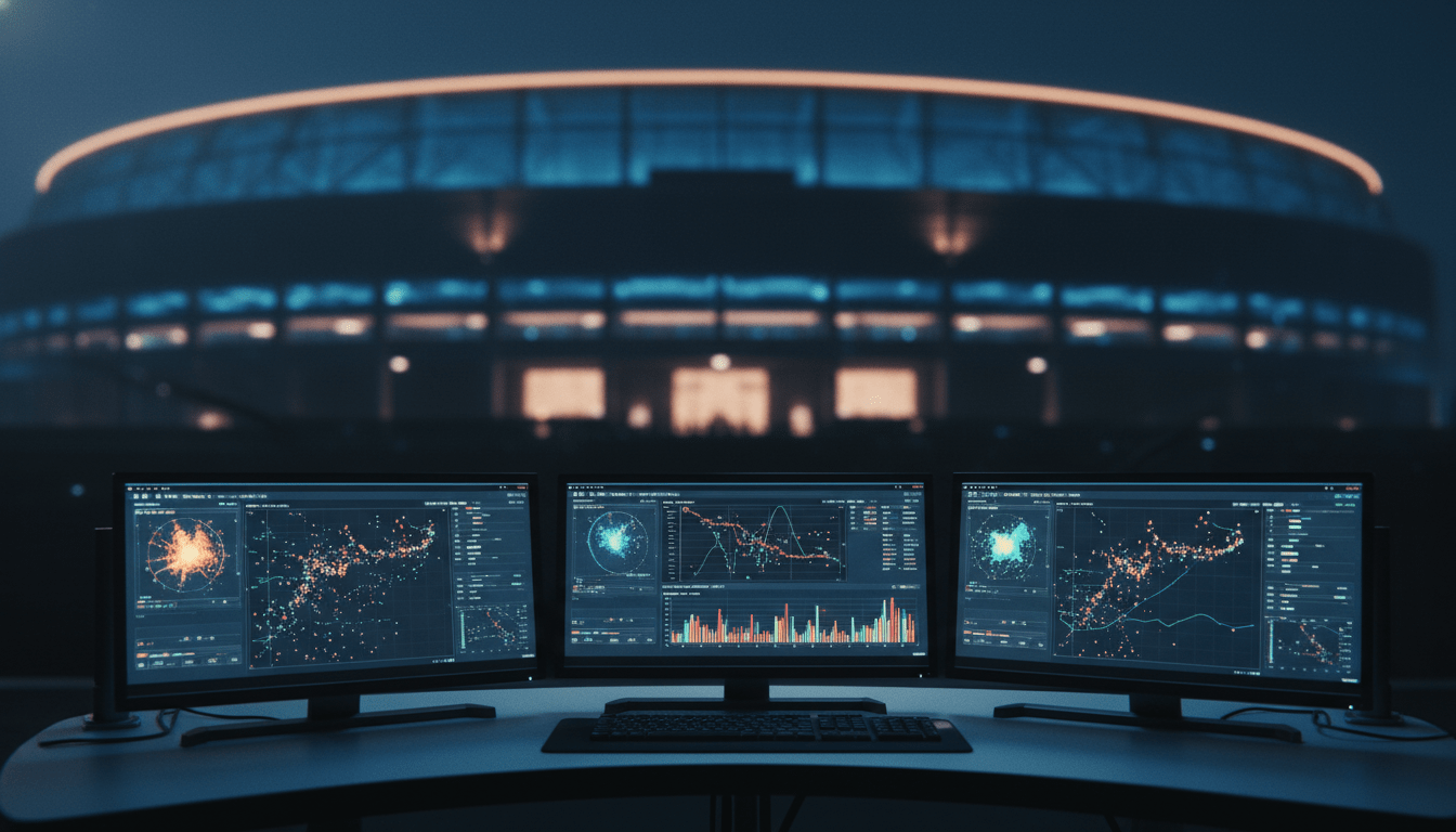 Centro de control de seguridad en un estadio moderno con monitores de análisis de riesgos y flujos de personas.