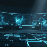 Arquitectura de ciberseguridad moderna con nodos digitales interconectados en un entorno tecnológico oscuro.