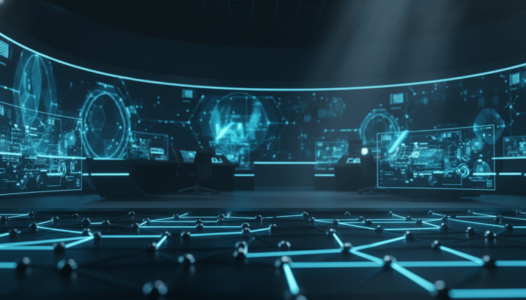 Arquitectura de ciberseguridad moderna con nodos digitales interconectados en un entorno tecnológico oscuro.