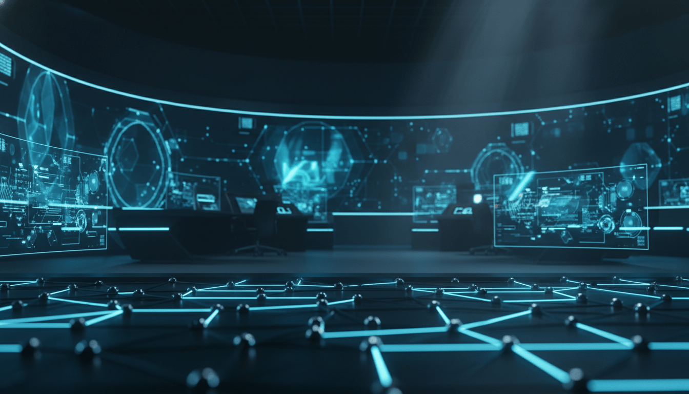 Arquitectura de ciberseguridad moderna con nodos digitales interconectados en un entorno tecnológico oscuro.