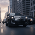 Convoy de vehículos de protección ejecutiva en formación táctica por una ciudad moderna