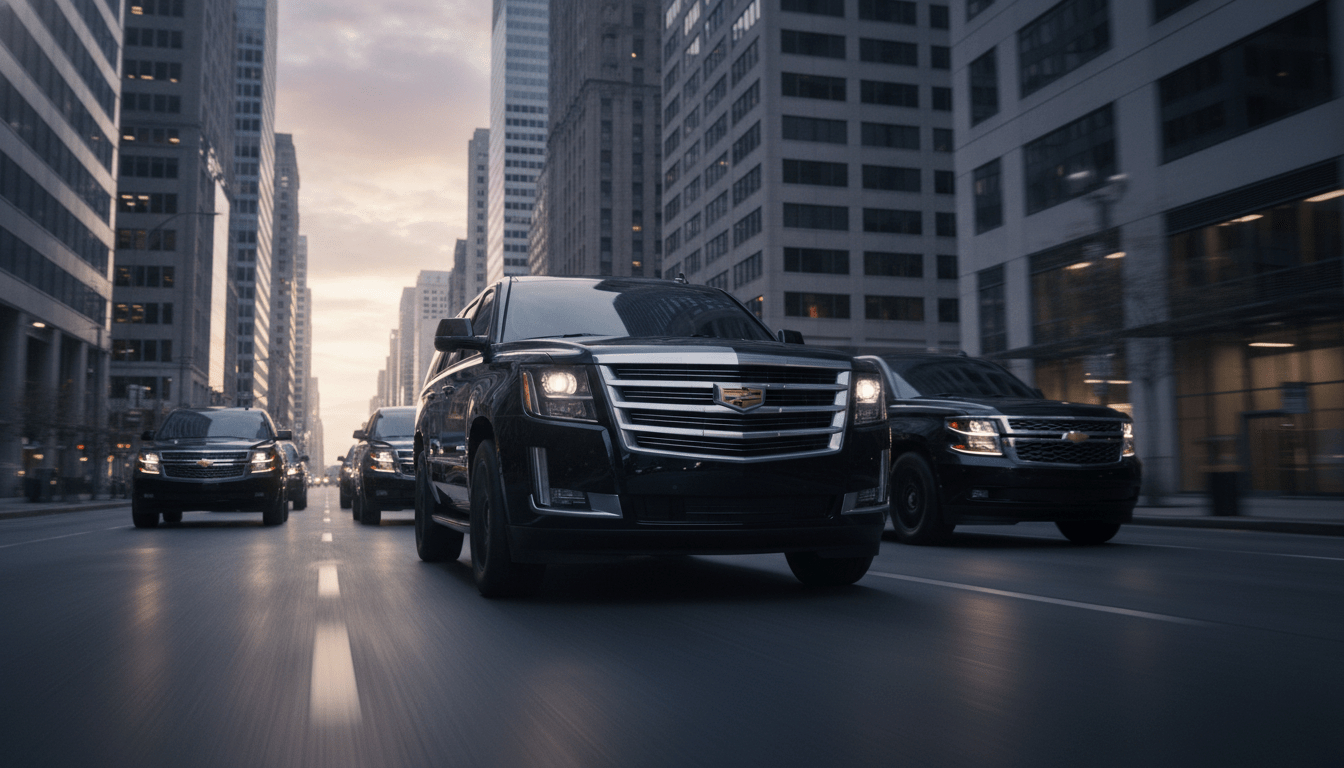 Convoy de vehículos de protección ejecutiva en formación táctica por una ciudad moderna