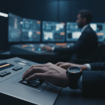 Centro de control de seguridad moderna con monitores de vigilancia y equipo técnico gestionando procesos de calidad.