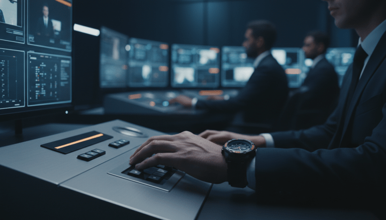 Centro de control de seguridad moderna con monitores de vigilancia y equipo técnico gestionando procesos de calidad.