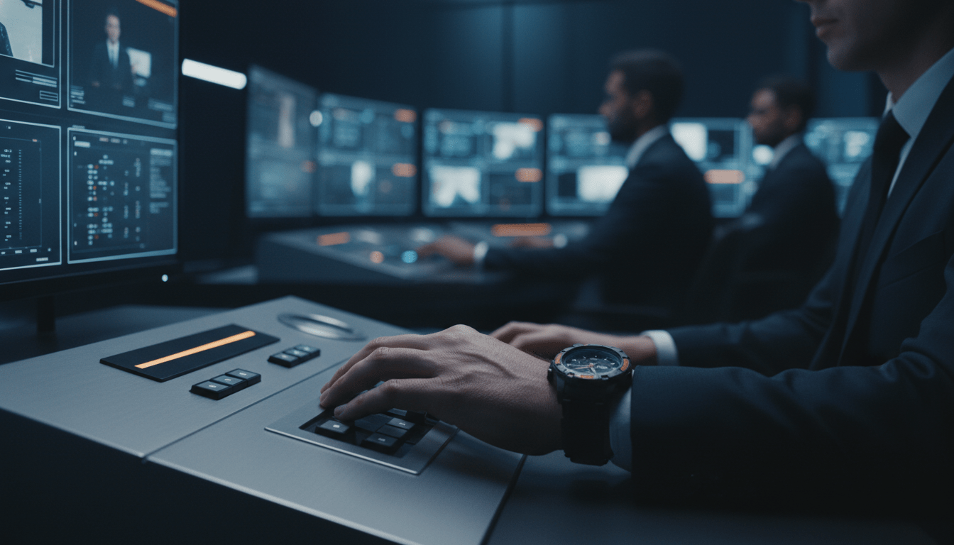 Centro de control de seguridad moderna con monitores de vigilancia y equipo técnico gestionando procesos de calidad.