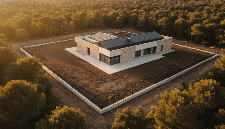 Vivienda moderna con materiales resistentes al fuego en la interfaz urbano-forestal durante el atardecer.