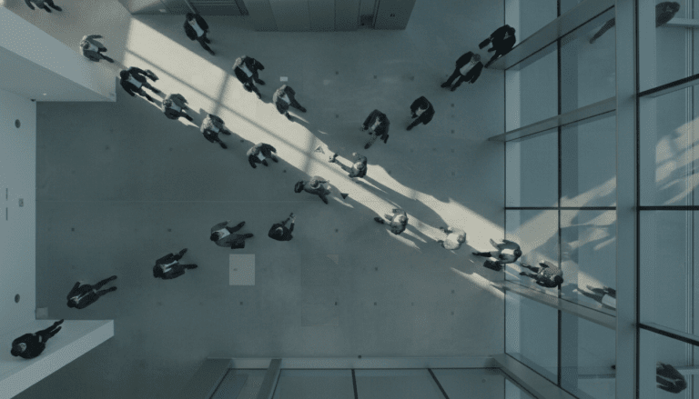 Flujo organizado de personas en un espacio arquitectónico moderno representando la gestión de multitudes