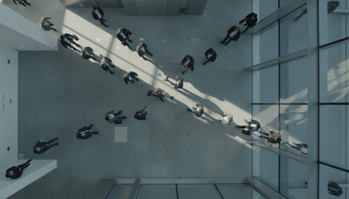 Flujo organizado de personas en un espacio arquitectónico moderno representando la gestión de multitudes