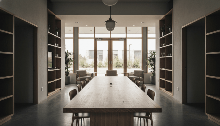 Interior arquitectónico minimalista de una comunidad intencional con diseño moderno y luz natural.