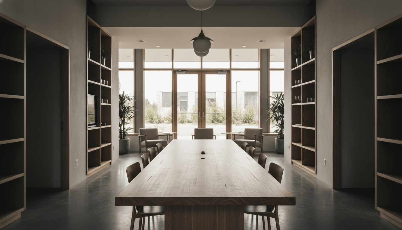 Interior arquitectónico minimalista de una comunidad intencional con diseño moderno y luz natural.