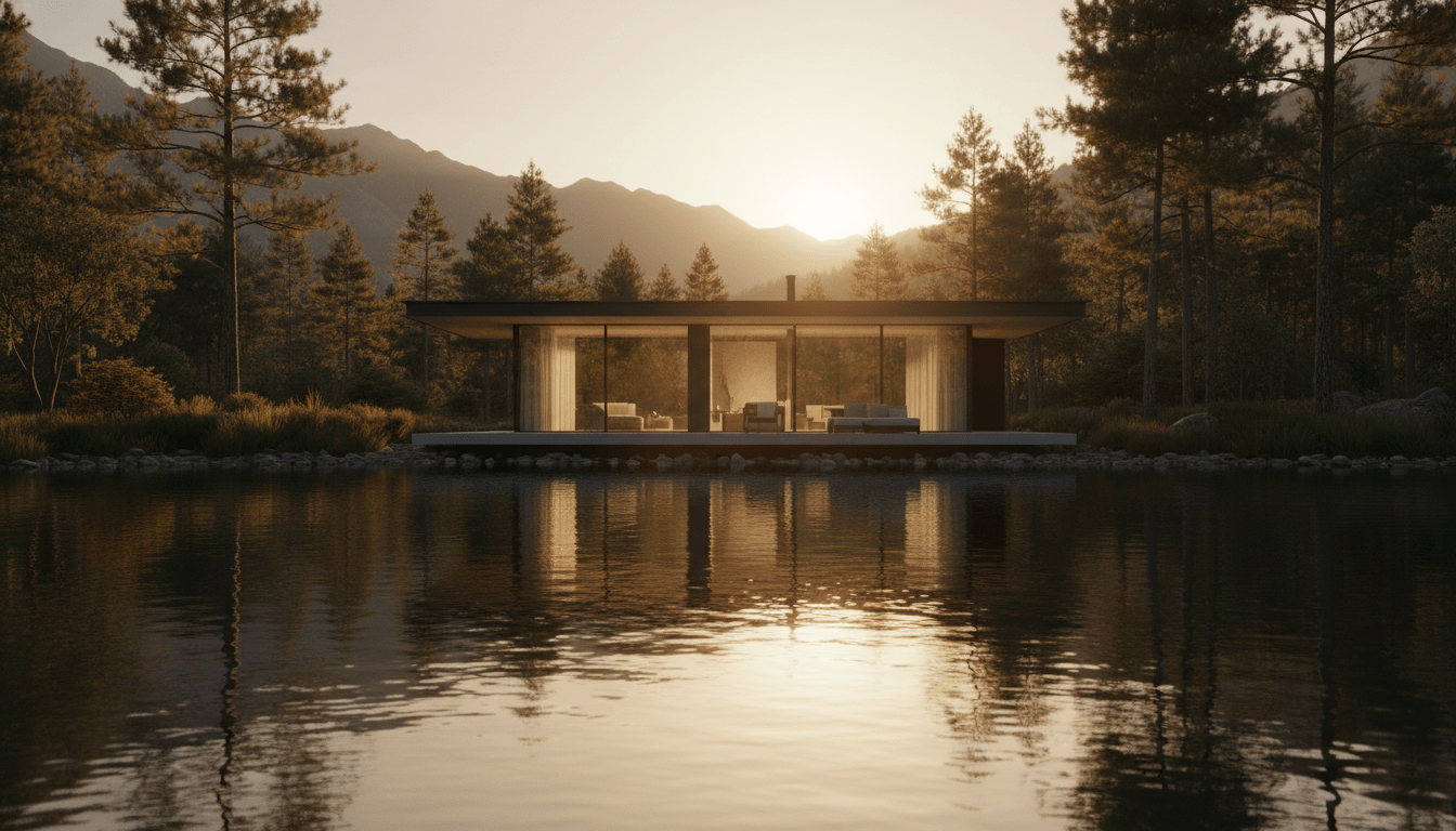 Casa de vacaciones de lujo moderna frente a un lago durante el atardecer representando la seguridad del hogar.