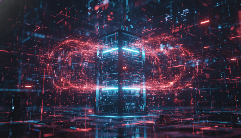 Representacion visual de un ataque DDoS sobre un servidor digital con redes de datos en conflicto.