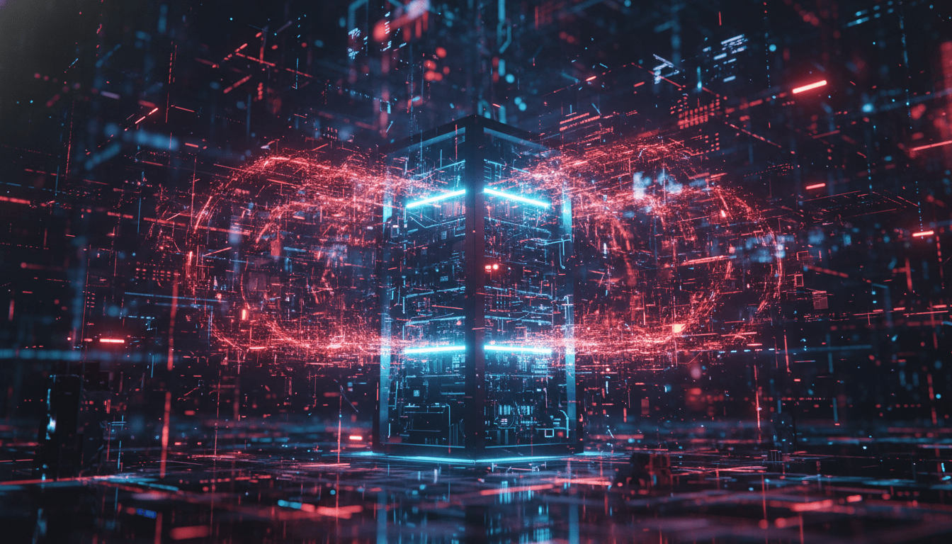 Representacion visual de un ataque DDoS sobre un servidor digital con redes de datos en conflicto.