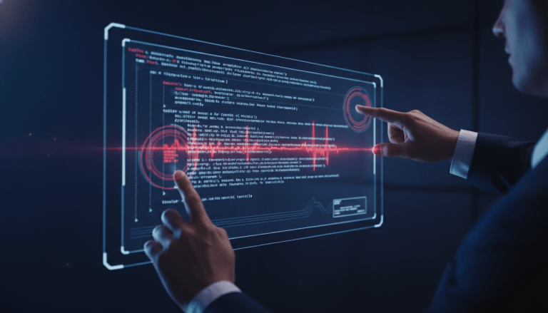 Especialista en seguridad analizando un contrato inteligente blockchain mediante interfaces holográficas