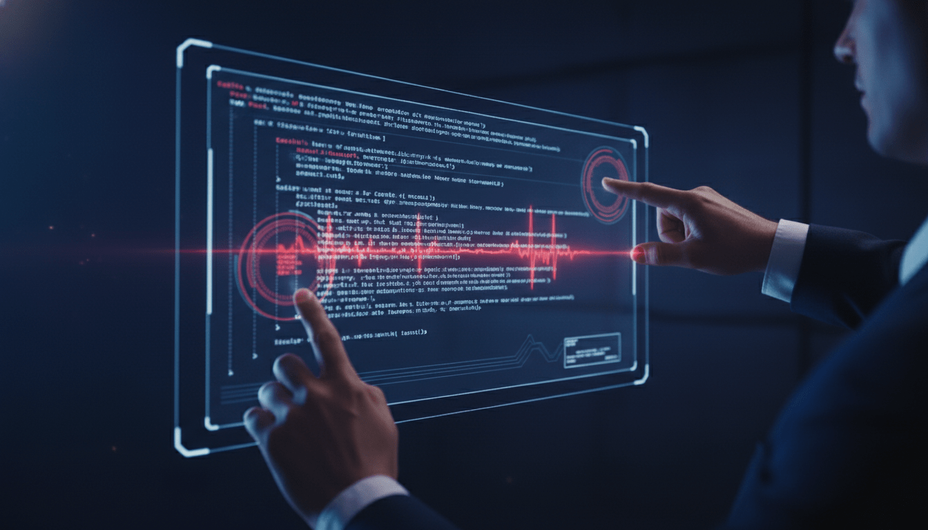 Especialista en seguridad analizando un contrato inteligente blockchain mediante interfaces holográficas