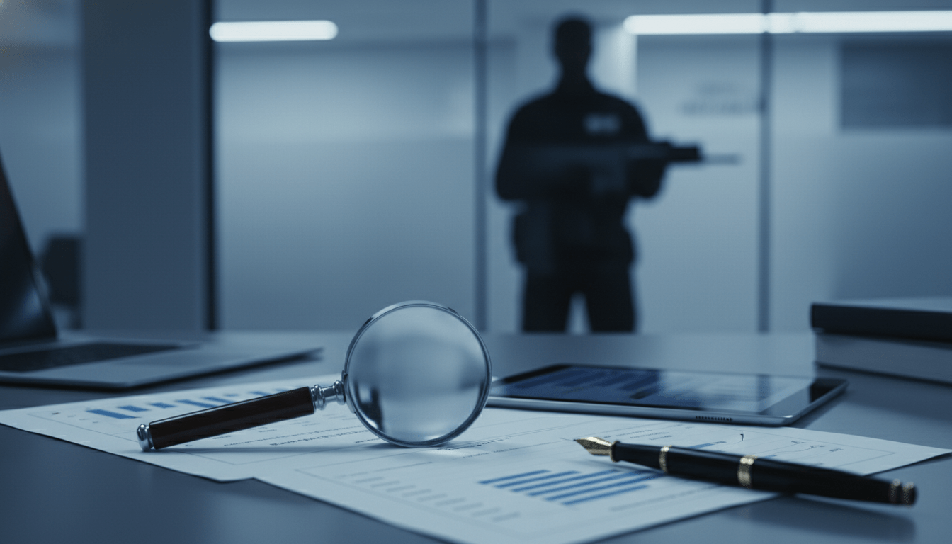 Auditoría financiera profesional en una empresa de seguridad privada con documentos y lupa sobre un escritorio.
