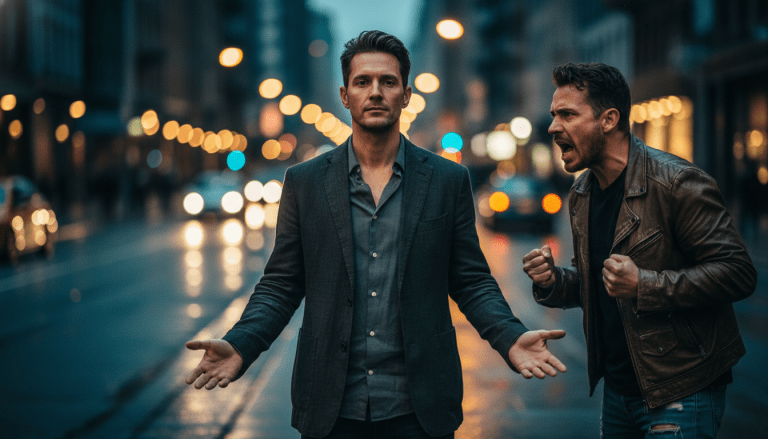 Hombre practicando autodefensa verbal y judo verbal para desescalar un conflicto en la calle de forma pacífica.