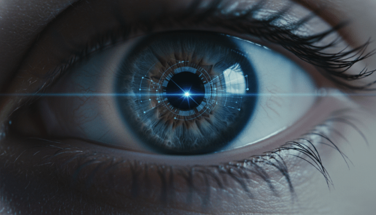 Primer plano de un ojo humano siendo analizado por escaner biometrico de seguridad digital.