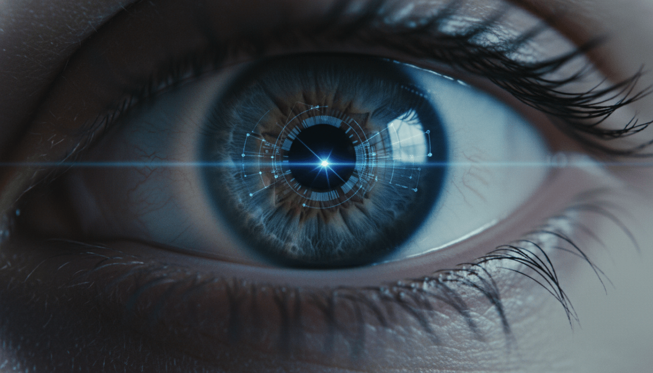 Primer plano de un ojo humano siendo analizado por escaner biometrico de seguridad digital.