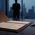 Primer plano de contrato de seguridad privada en escritorio de lujo simbolizando blindaje legal y gestión de riesgos operativos.