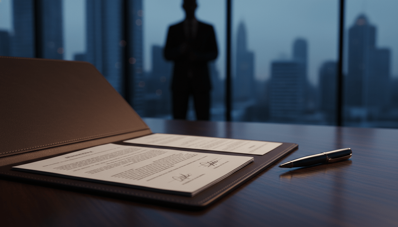 Primer plano de contrato de seguridad privada en escritorio de lujo simbolizando blindaje legal y gestión de riesgos operativos.