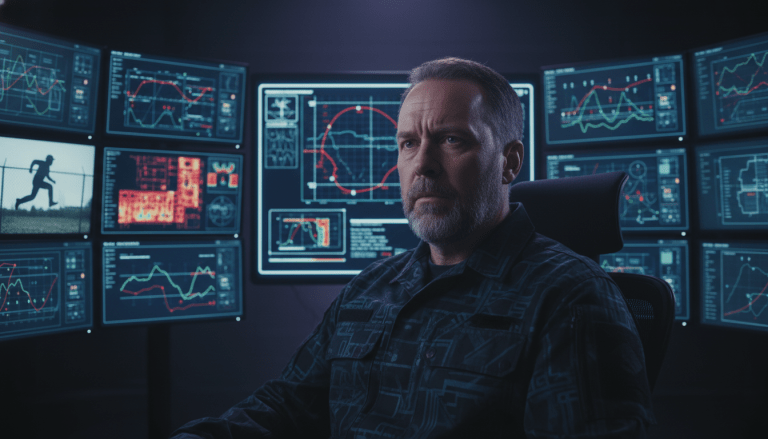 Operador de seguridad frente a múltiples monitores mostrando un fallo de procesamiento visual por ceguera por inatención.