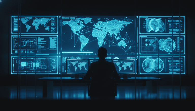 Analistas de ciberseguridad trabajando en un centro de operaciones de seguridad SOC moderno con pantallas de monitoreo de datos.