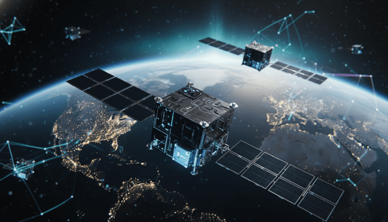 Satélites tecnológicos orbitando la Tierra representando el ecosistema de ciberseguridad del New Space