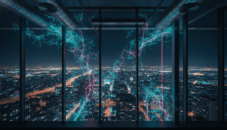 Infraestructura de edificio inteligente con conexiones de red digital visibles como un sistema nervioso tecnológico