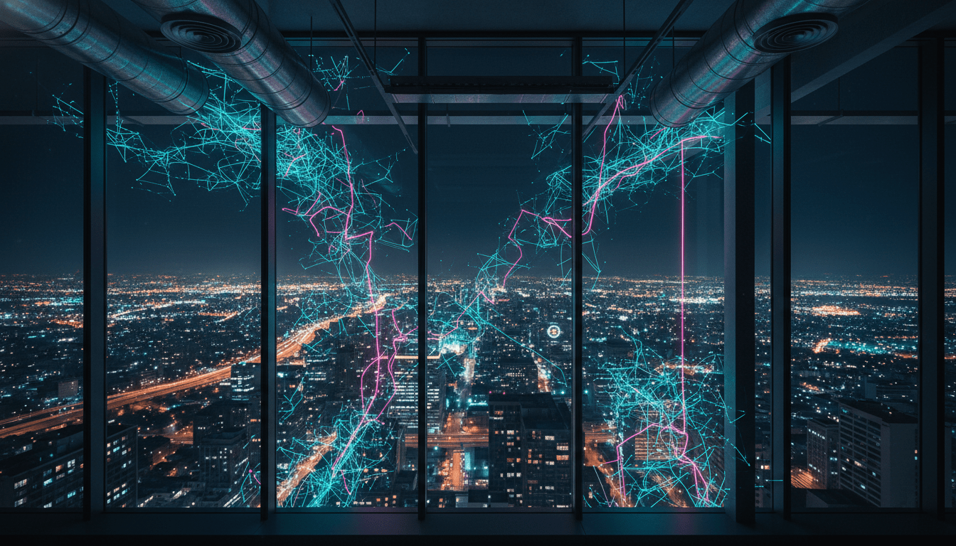 Infraestructura de edificio inteligente con conexiones de red digital visibles como un sistema nervioso tecnológico